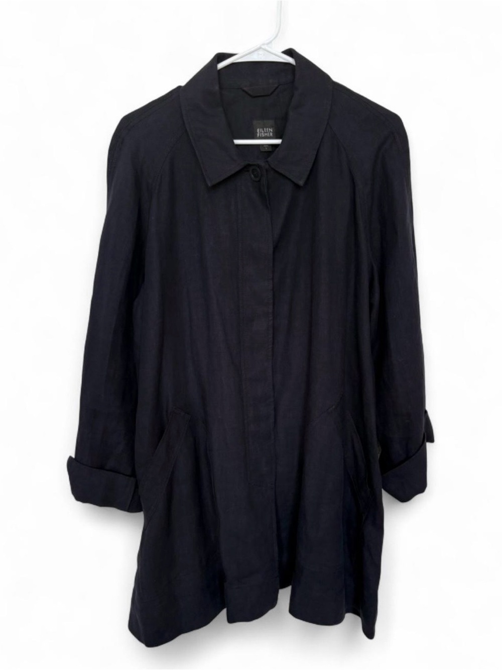 Eileen Fisher 100% Linen Minimalist Jacket Navy Trench Utility Large Spring Fall